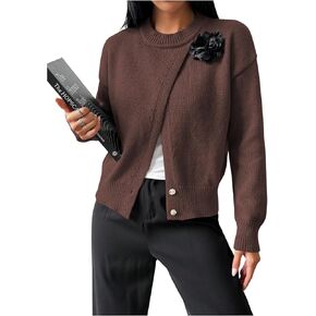 MakeMeChic Women's 3D Floral Wrap Sweater Crew Neck Button Front Long Sleeve Pullovers Sweaters