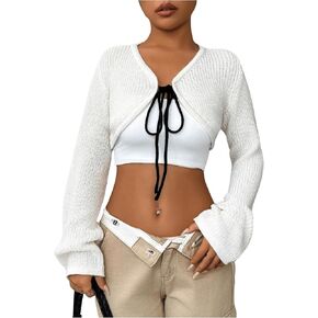 SHENHE Women's Tie Front V Neck Crop Cardigan Sweater Fitted Open Front Knitted Sweater