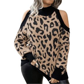 MakeMeChic Women's Plus Size Sweater Leopard Print Cold Shoulder Long Sleeve Mock Neck Knit Top