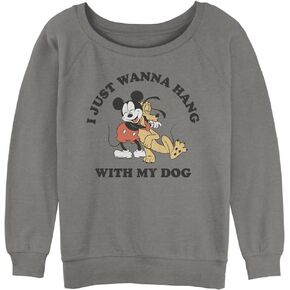 Disney Women's Classic Mickey Dog Fill Lover Junior's Raglan Pullover with Coverstitch