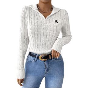 Verdusa Women's Cable Knit Sweater Quarter Zip Pullover Small Horse Logo Collared Long Sleeve Tops Golf Sweater