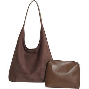 Suede Hobo Bag For Women,Slouchy Tote Bag Large Capacity Brown Suede Handbag 2pcs