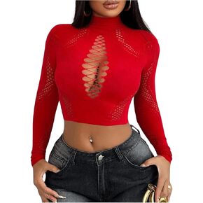 Floerns Women's Hollow Out Long Sleeve Crop Tops Music Festival Mock Neck Tee Shirts
