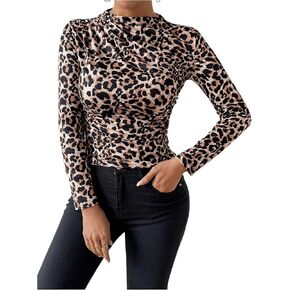 Milumia Women's Cheetah Print Mock Neck T Shirt Ruched Long Sleeve Slim Fitted Tops