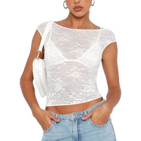 KTILG Womens Sheer Mesh Top Cap Sleeve Embroidery Blouse Sexy Boat Neck See Through Shirt Lace Tops S-XL
