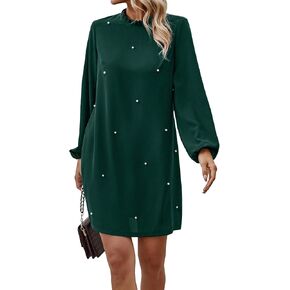 SweatyRocks Women's Pearls Beaded Mock Neck Long Sleeve Dress Casual Frill Trim Mini Tunic Dress
