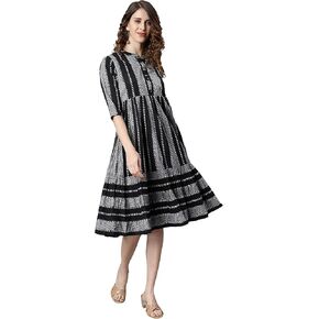 Janasya Women's Black Striped Calf Length Casual Evening wear Trendy Dress for Women