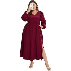 KOJOOIN Women's Plus Size Fall Dress with Pocket Ruffle Cap Long Sleeves V Neck Side Split Long Maxi Dress