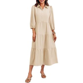 Wenrine Womens Casual Button Shirt Dress V Neck 3/4 Sleeve Tiered Collared Flowy Maxi Dress Beige
