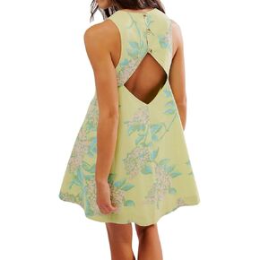 Floral Sleeveless Backless Mini Dress for Women 2024 Summer Loose Swing Flowy Sundress with Pockets