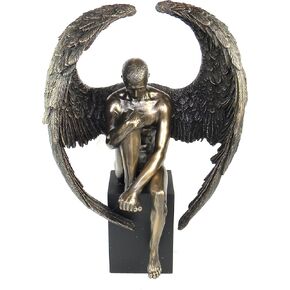 Veronese Design Bronze Finished Pensive Male Angel Statue On Black Base