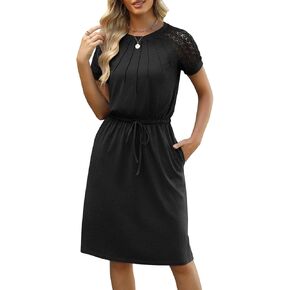 Womens Crew Neck Lace Short Sleeve Elastic Waist Knee Length Casual Side Slits Dresses with Pockets 2025 Summer