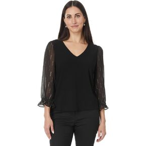 CeCe Women's 3/4 Sleeve Mixed Media Knit Top