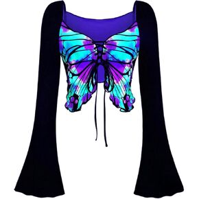 Women's Butterfly Shape Sweetheart Neck Crop Tee Bell Long Sleeve Lace Up Asymmetrical T Shirt