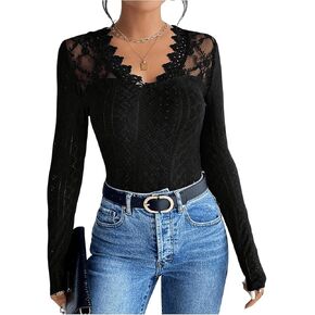 SweatyRocks Women's Floral Lace T Shirts V Neck Sheer Mesh Slim Fit Eyelet Party Tops