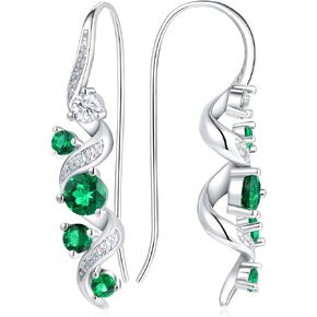 Moissanite and Created Emerald Dangle Earrings for Women, 925 Sterling Silver Spiral Threader Drop Earrings, Round Created Gemstone Twist Earrings, Hypoallergenic Earring