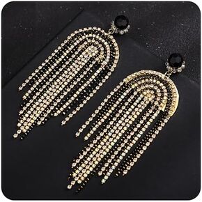 Kercisbeauty Black Rhinestones Beads Gold Chandelier Earrings Fringe Dangle Drop Jewelry for Women Vintage Wedding Bridal Jewelry (Black 1)