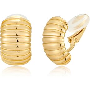 Gold Chunky Clip-on Earrings for Women Gold Striped Clip-on Hoop Earrings for Women Fashion Non Pierced Earrings