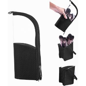 Travel Make-up Brush Holder Organizer Bag，Clear Plastic&Oxford Cosmetic Zippered Case，Portable Waterproof Stand-Up Makeup Brush Pouch, Professional Artist Small Toiletry Cup (Black)…