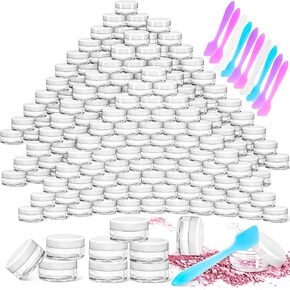 MotBach 100 Pcs 5g Empty Plastic Containers with White Lids,Mini Makeup Sample Containers, Small Sample Pot Jars Round Cosmetic Jars with Mini Spatulas for Liquid Sample Powder Creams Lotions