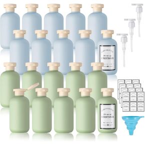 20 Pcs Travel Shampoo and Conditioner Bottles, 6.8 oz Plastic Refillable Lotion Squeeze Bottles with Flip Caps, 4 Pumps, Funnel, Stickers, Empty Dispenser Bottles (Blue and Green)