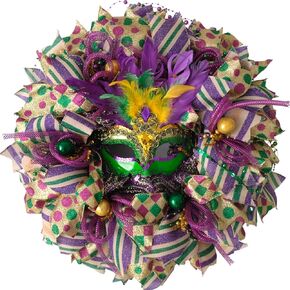 16 Inch Mardi Gras Wreath for Front Door, Carnival Purple Green Gold Wreath for Indoor Outdoor, Venetian Mask Wreath for Party