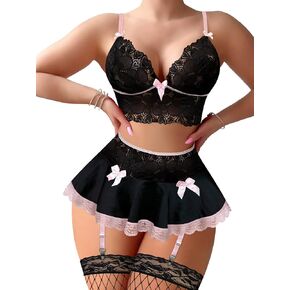 Sexy Stocking Mini Skirt Wireless Mesh Lace Garter Lingerie with Thong Set 4 Pieces