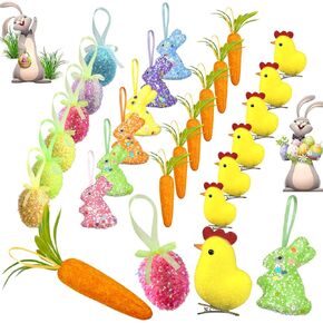 24 Packs Easter Egg Ornaments Easter Tree Ornament Colorful Eggs Foam Rabbit Carrot Chicks Artificial Easter Decorations for Tree Spring Party Home DIY Crafts
