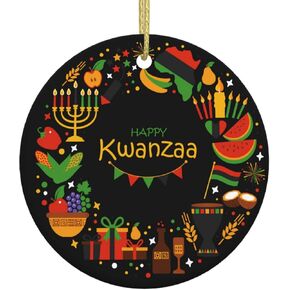 Happy Kwanzaa Christmas Ornaments Round Ceramic Ornaments for Hanging Accessories Pendant Party Decorative