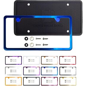 T304 Stainless Steel Two Holes Slim License Plate Frame Black Chrome Gun Metal Gray Electroplating Universal Fit Aluminum Screw On Cap Cover, Silicone Back Guard, Rust Proof (Qty: 1 Frame)