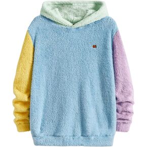 Men's Fuzzy Color Block Hoodie Long Sleeve Hooded Patchwork Sweatshirts Pullover Tops