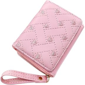 Tri-fold Womens Wallet, PU Leather Cute Wallet Women Wallet with Heart-shaped Embroidery, Large-capacity Ladies Wallet for ID Cards, Credit Cards, Cash, Coin (pink)