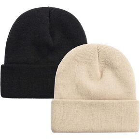 NPQQUAN 2 Packs Unisex Beanie Hats for Men Women Winter Knit Beanies Black+DarkBeige