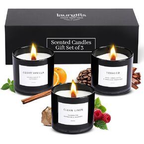 Box of Scented Candles for Men - Aromatherapy Candle Set of 3 Scented Soy Candles with Tobacco, Clean Linen & Cedar Vanilla Scents - Masculine Candle Pack for Men - Mens Candle in Black Box