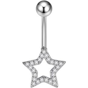 Dainty Star Belly Button Ring Surgical Stainless Steel Crystal Cubic Zirconia Lucky Star Navel Rings Barbell Stud Fashion Jewelry for Women Men Body Piercing Gifts 14G