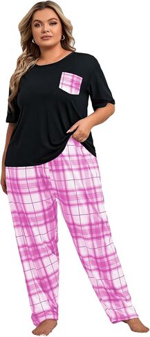 OYOANGLE Women's Plus Size 2 Piece Pajama Set Short Sleeve Tee Shirt and Plaid Print Pants Set Loungewear in Kuwait