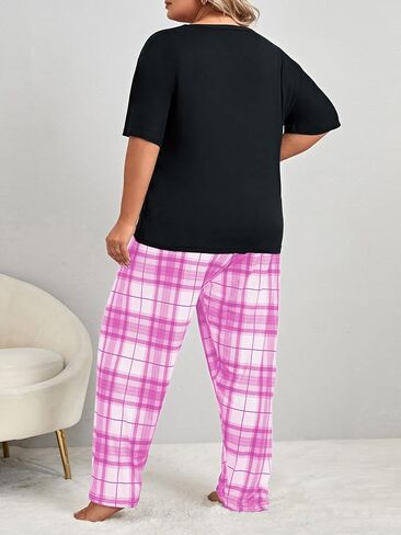 OYOANGLE Women's Plus Size 2 Piece Pajama Set Short Sleeve Tee Shirt and Plaid Print Pants Set Loungewear in Kuwait