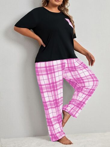 OYOANGLE Women's Plus Size 2 Piece Pajama Set Short Sleeve Tee Shirt and Plaid Print Pants Set Loungewear in Kuwait