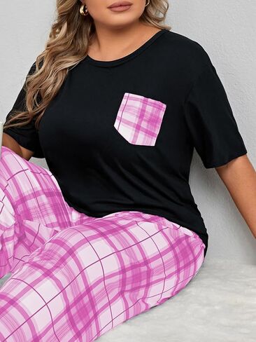 OYOANGLE Women's Plus Size 2 Piece Pajama Set Short Sleeve Tee Shirt and Plaid Print Pants Set Loungewear in Kuwait
