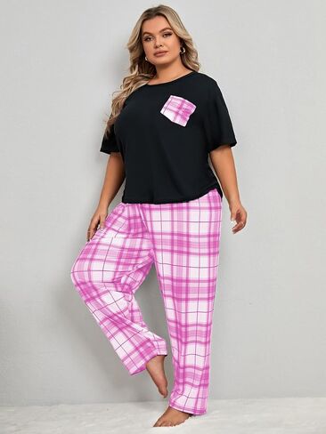 OYOANGLE Women's Plus Size 2 Piece Pajama Set Short Sleeve Tee Shirt and Plaid Print Pants Set Loungewear in Kuwait