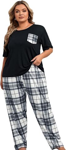 OYOANGLE Women's Plus Size 2 Piece Pajama Set Short Sleeve Tee Shirt and Plaid Print Pants Set Loungewear in Kuwait