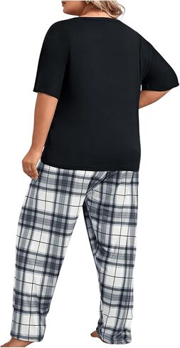 OYOANGLE Women's Plus Size 2 Piece Pajama Set Short Sleeve Tee Shirt and Plaid Print Pants Set Loungewear in Kuwait