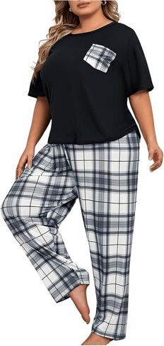 OYOANGLE Women's Plus Size 2 Piece Pajama Set Short Sleeve Tee Shirt and Plaid Print Pants Set Loungewear in Kuwait