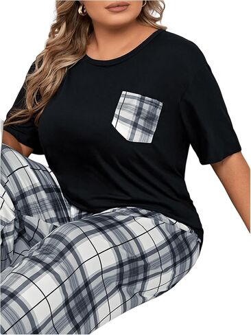 OYOANGLE Women's Plus Size 2 Piece Pajama Set Short Sleeve Tee Shirt and Plaid Print Pants Set Loungewear in Kuwait