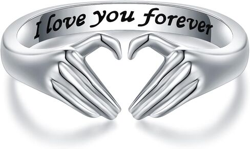 خاتم قلب من الفضة الإسترلينية عيار 925 للنساء - خاتم وعد الصداقة قابل للتعديل مفتوح اليد على شكل قلب خاتم الحب مجوهرات عيد الميلاد هدية عيد ميلاد لمحبي الأم والابنة in Kuwait