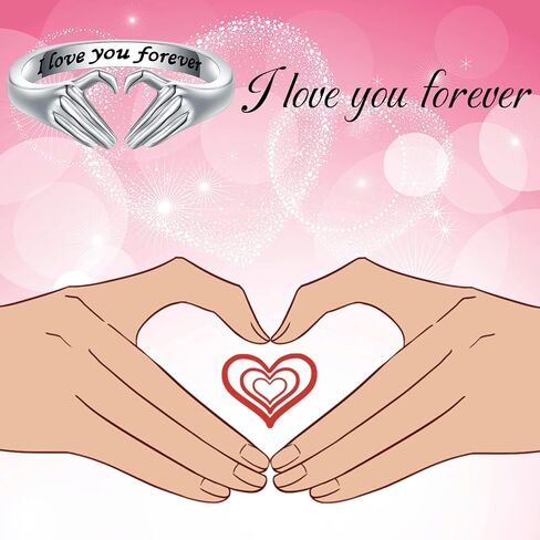 خاتم قلب من الفضة الإسترلينية عيار 925 للنساء - خاتم وعد الصداقة قابل للتعديل مفتوح اليد على شكل قلب خاتم الحب مجوهرات عيد الميلاد هدية عيد ميلاد لمحبي الأم والابنة in Kuwait