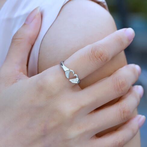 خاتم قلب من الفضة الإسترلينية عيار 925 للنساء - خاتم وعد الصداقة قابل للتعديل مفتوح اليد على شكل قلب خاتم الحب مجوهرات عيد الميلاد هدية عيد ميلاد لمحبي الأم والابنة in Kuwait