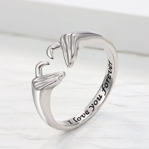 خاتم قلب من الفضة الإسترلينية عيار 925 للنساء - خاتم وعد الصداقة قابل للتعديل مفتوح اليد على شكل قلب خاتم الحب مجوهرات عيد الميلاد هدية عيد ميلاد لمحبي الأم والابنة in Kuwait