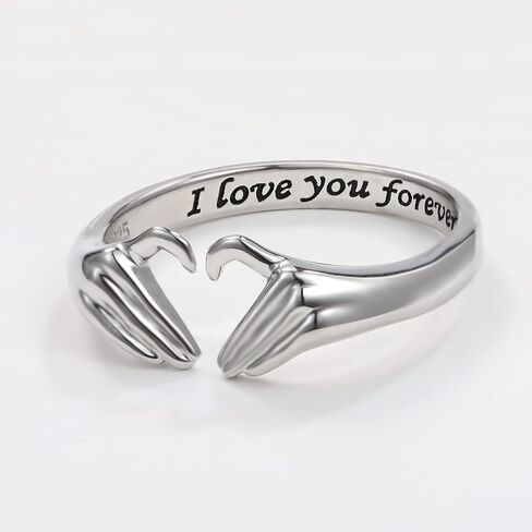 خاتم قلب من الفضة الإسترلينية عيار 925 للنساء - خاتم وعد الصداقة قابل للتعديل مفتوح اليد على شكل قلب خاتم الحب مجوهرات عيد الميلاد هدية عيد ميلاد لمحبي الأم والابنة in Kuwait