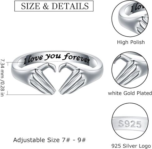 خاتم قلب من الفضة الإسترلينية عيار 925 للنساء - خاتم وعد الصداقة قابل للتعديل مفتوح اليد على شكل قلب خاتم الحب مجوهرات عيد الميلاد هدية عيد ميلاد لمحبي الأم والابنة in Kuwait